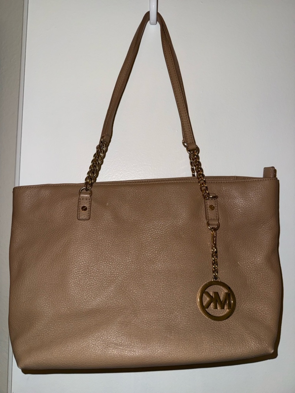 Michael Kors Beige Leather Tote with Gold Chain Detail